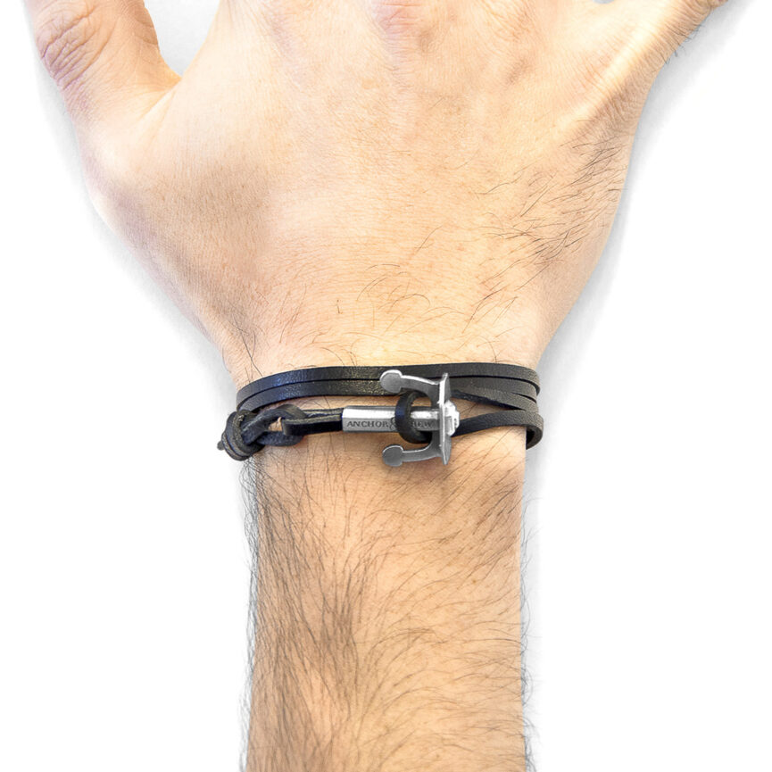 Coal Black Union Anchor Silver and Flat Leather Bracelet