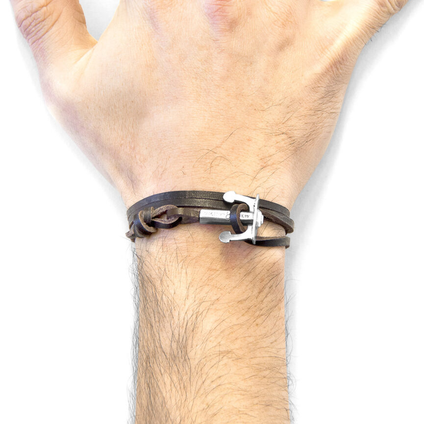 Dark Brown Union Anchor Silver and Flat Leather Bracelet