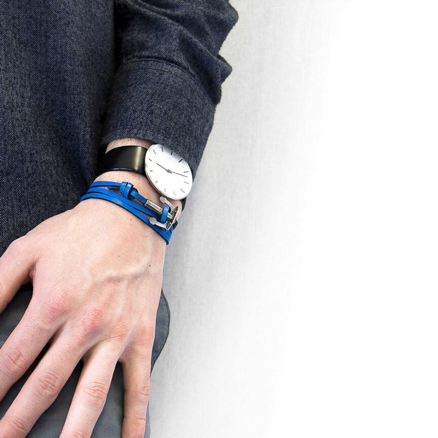 Royal Blue Union Anchor Silver and Flat Leather Bracelet