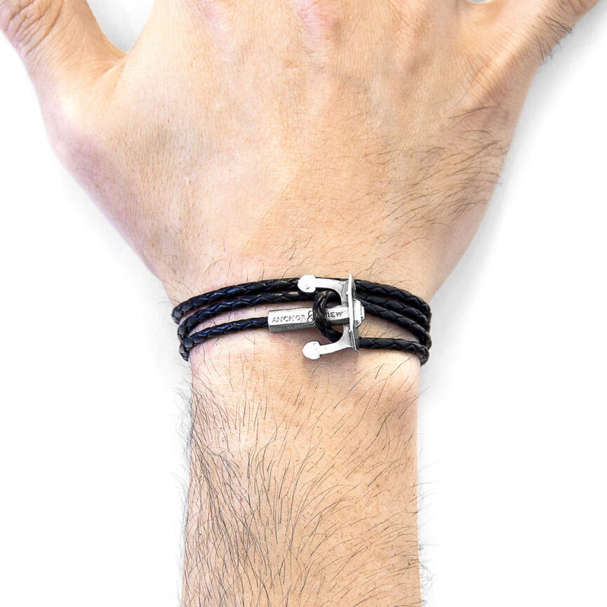 Coal Black Union Anchor Silver and Braided Leather Bracelet