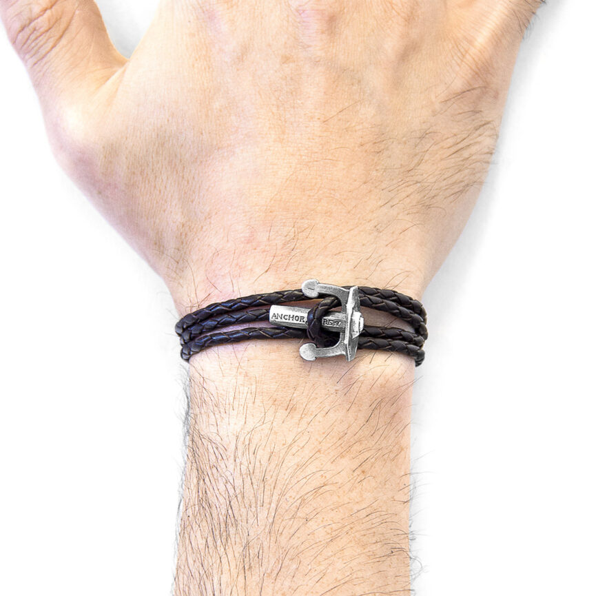 Dark Brown Union Anchor Silver and Braided Leather Bracelet