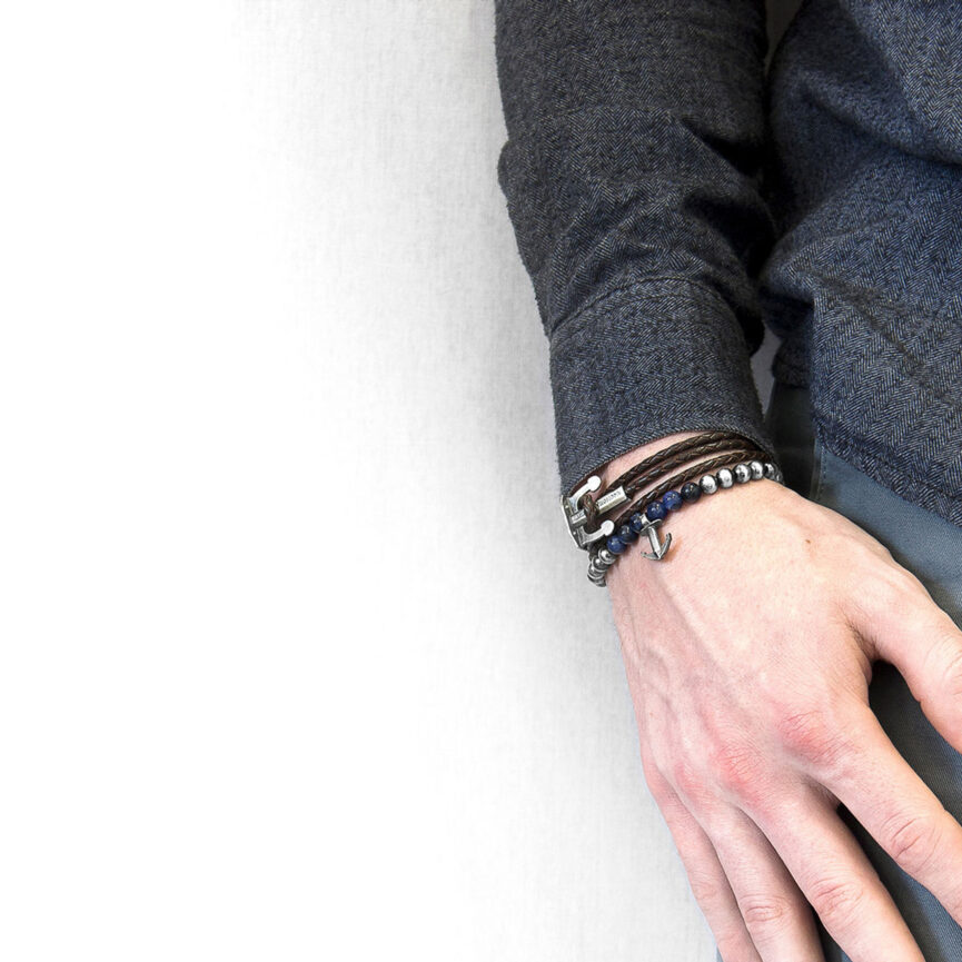 Coal Black Union Anchor Silver and Braided Leather Bracelet