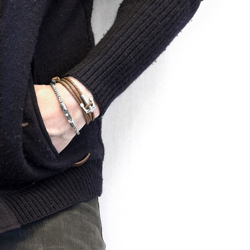 Light Brown Union Anchor Silver and Braided Leather Bracelet