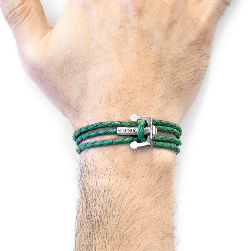 Fern Green Union Anchor Silver and Braided Leather Bracelet