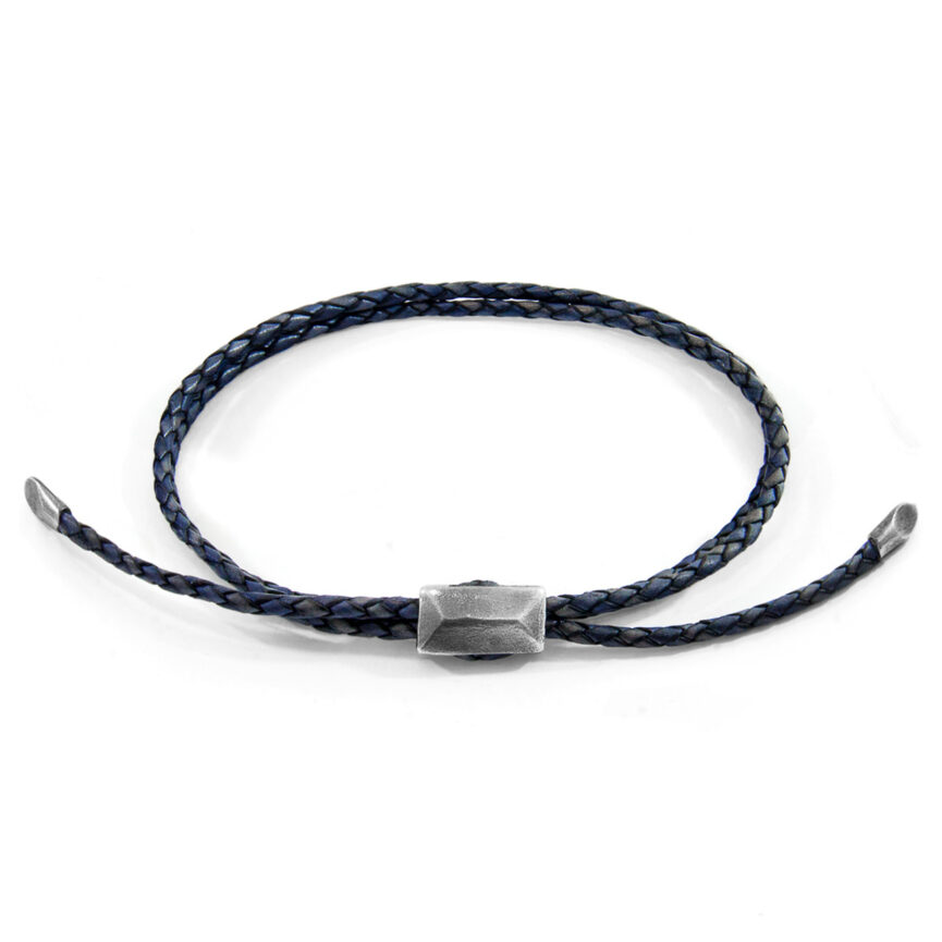 Indigo Blue Edward Silver and Braided Leather SKINNY Bracelet