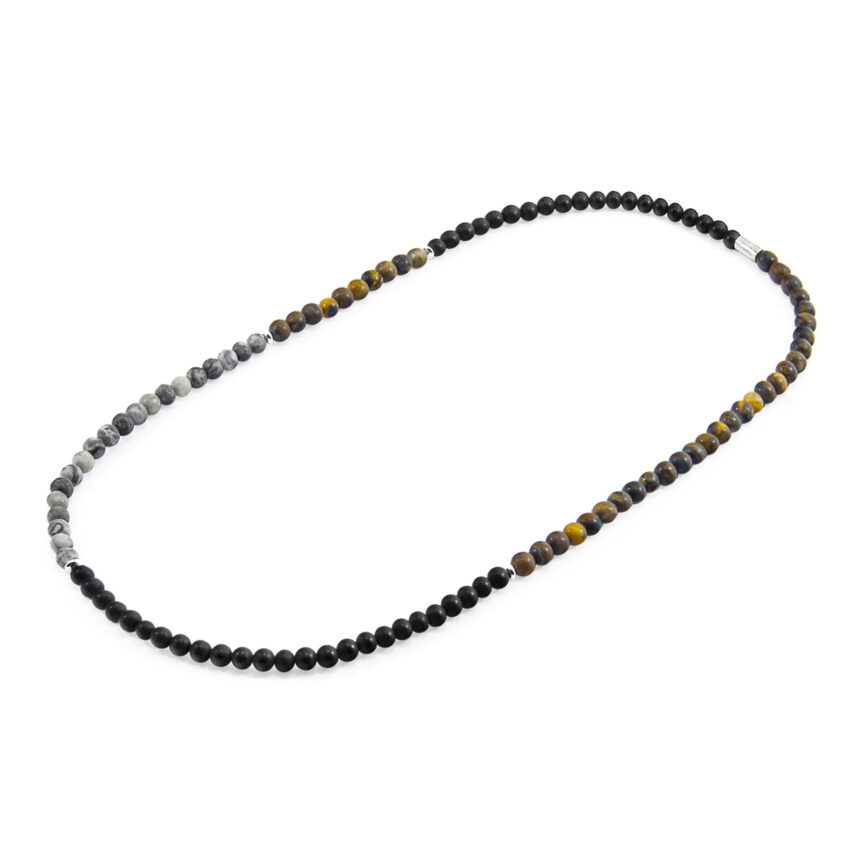 Black Onyx, Grey Jasper and Brown Tigers Eye Isaac Silver and Stone SKINNY Necklace x Wrap Bracelet