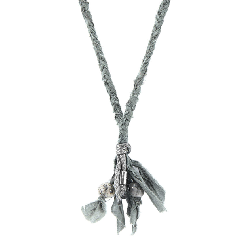 Grey Jasper Marcus Silver, Stone and Braided Cotton Voile SKINNY Necklace x Wrap Bracelet