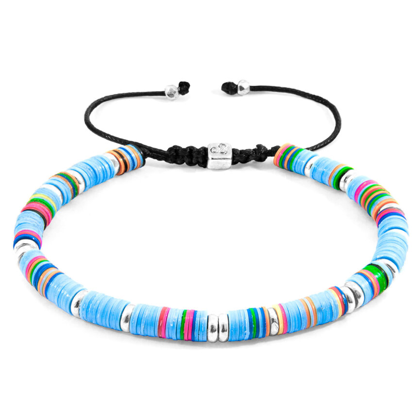 Turquoise Blue Kivu Silver and Vinyl Disc Macrame Bracelet