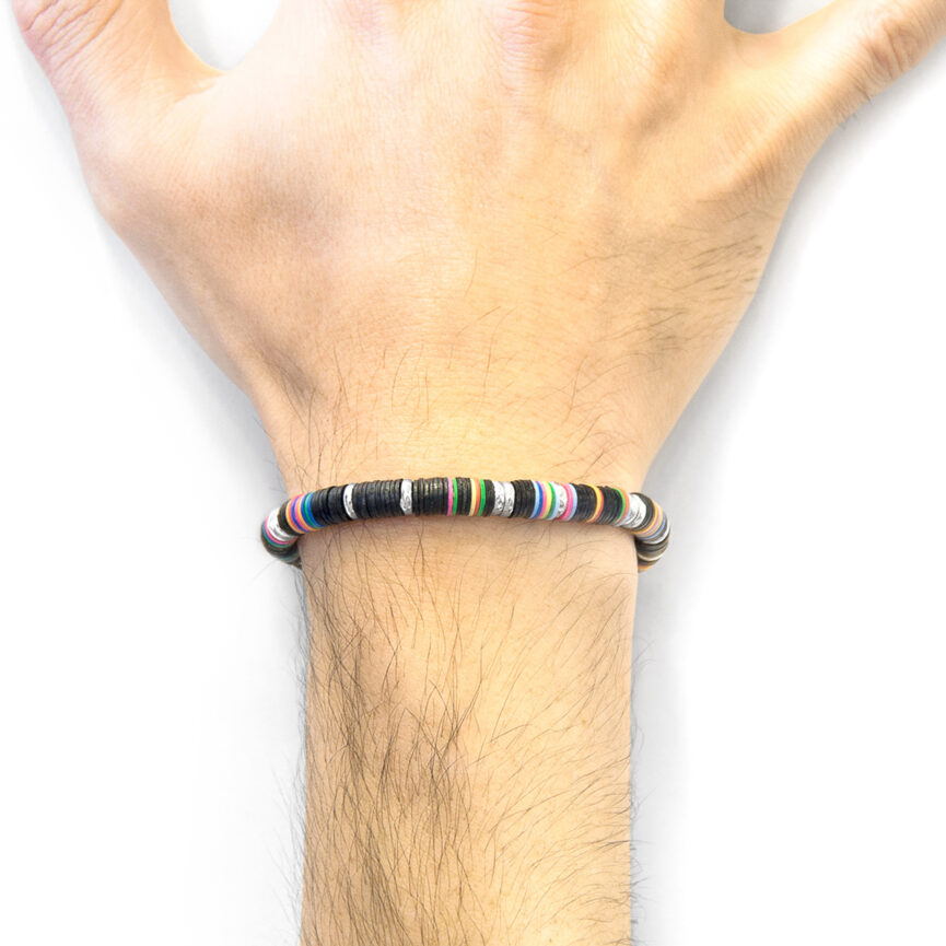 Black Kivu Silver and Vinyl Disc Macrame Bracelet