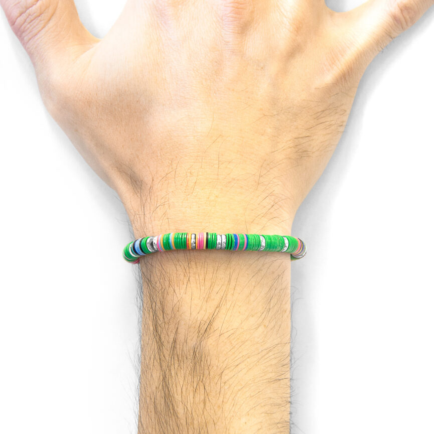 Green Kivu Silver and Vinyl Disc Macrame Bracelet