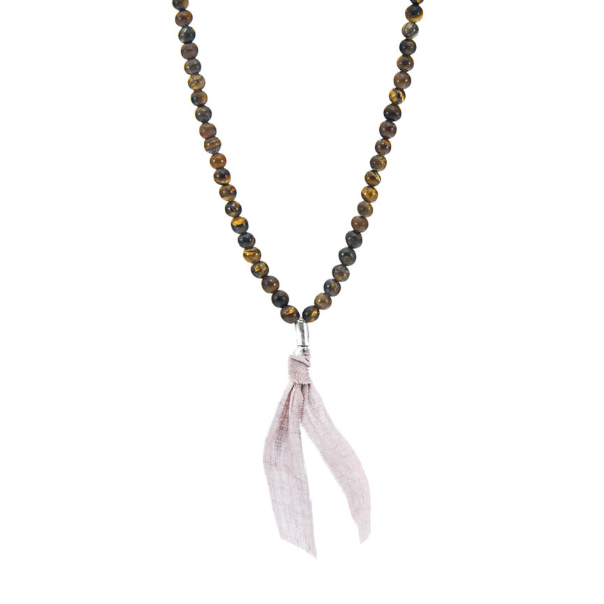 Brown Tigers Eye Luke Silver, Stone and Cotton Voile SKINNY Necklace x Wrap Bracelet