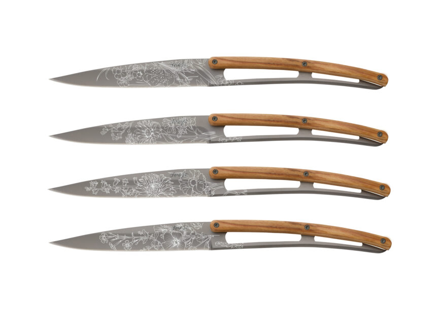 4 Deejo Steak Knives, Olive Wood / Blossom