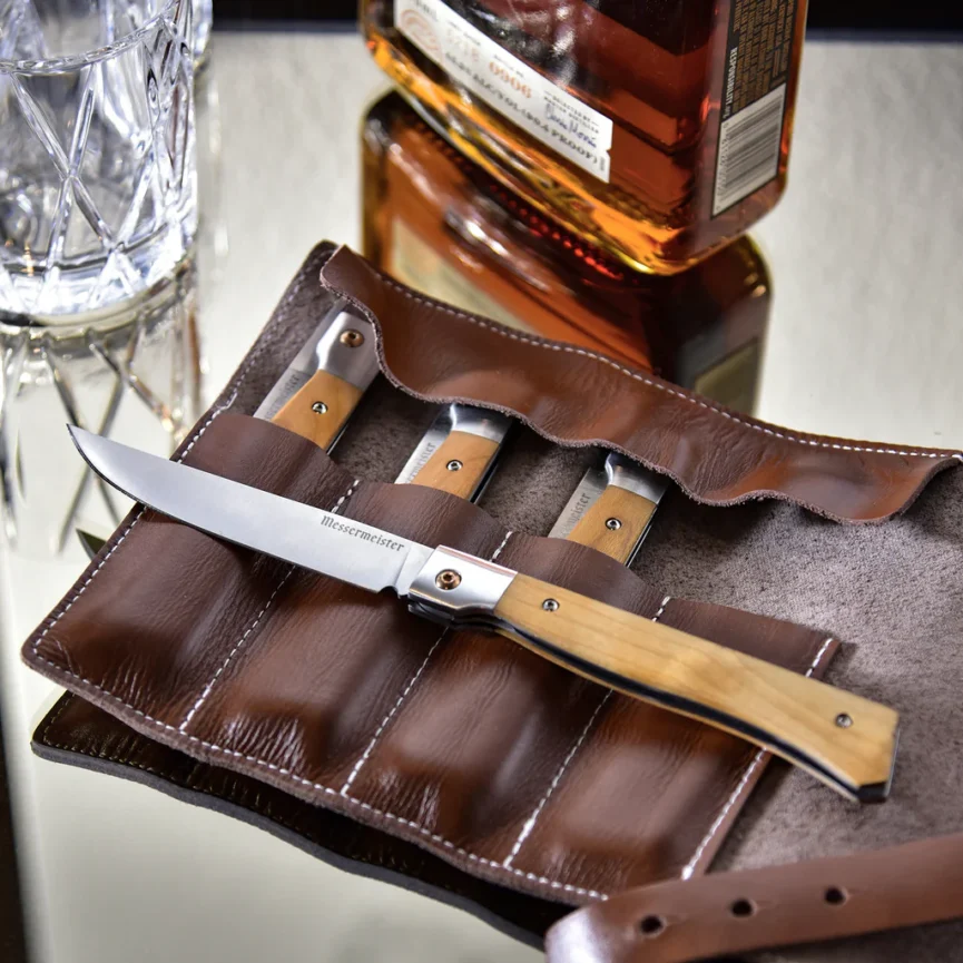 4 piece fine edge steak knife set/leather roll
