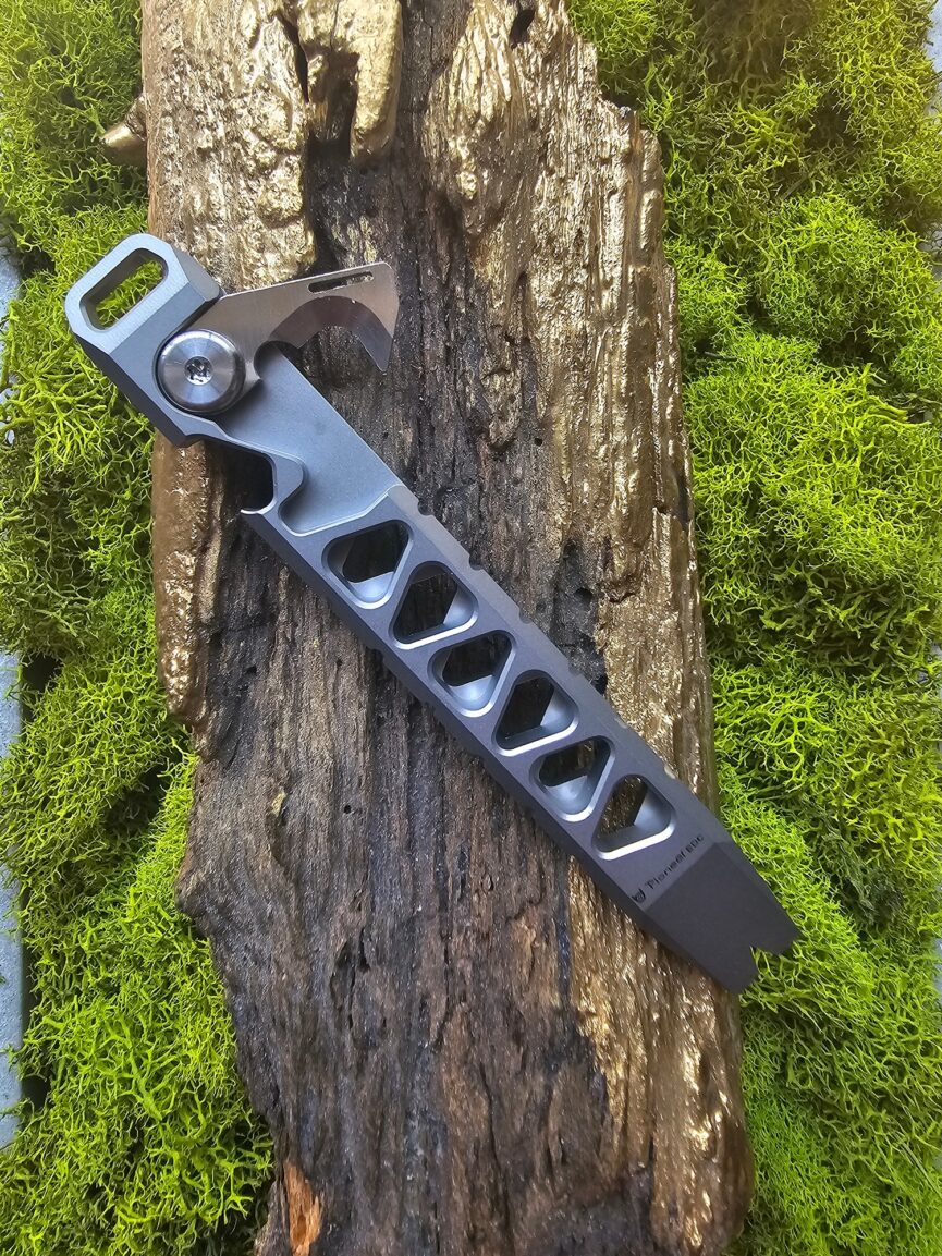 Titanium Prybar with Geometric Grip and Strap Cutter